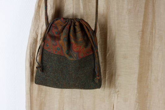 Drawstring brown herringbone wool tweed cotton crossbody bag BSF10